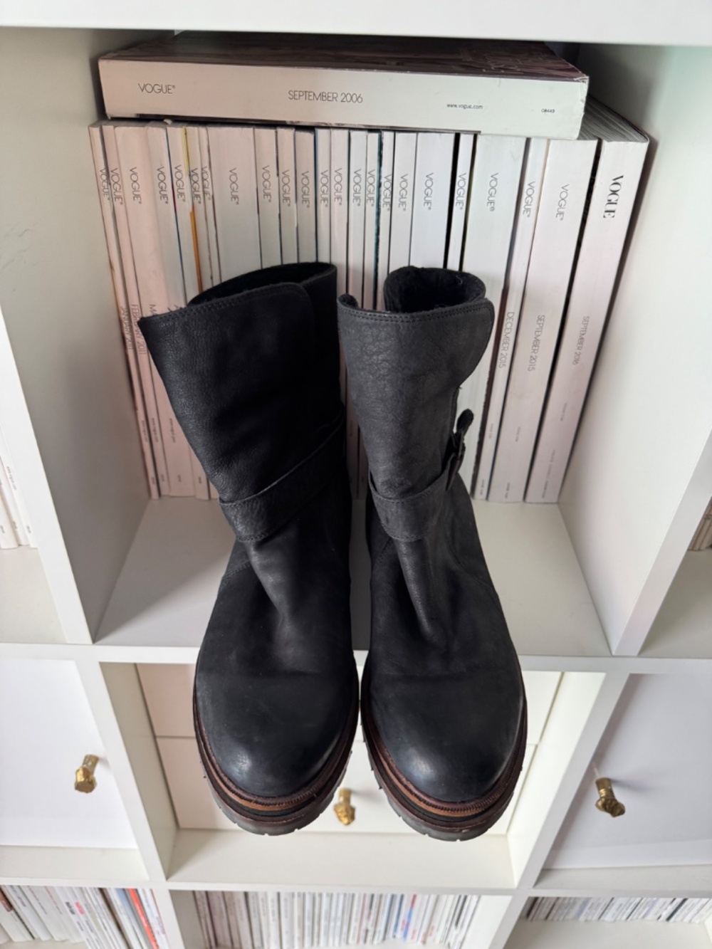 H by Hudson black leather motorcycle boots Nubuck chic moto buckle boot shoes - Picture 8 of 16